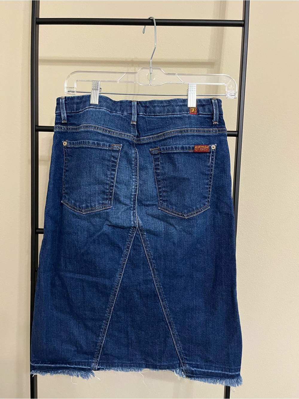 7 For All Mankind Denim Midi Skirt 27 Dark Wash Raw Hem Cotton Spandex Small S - Picture 8 of 13